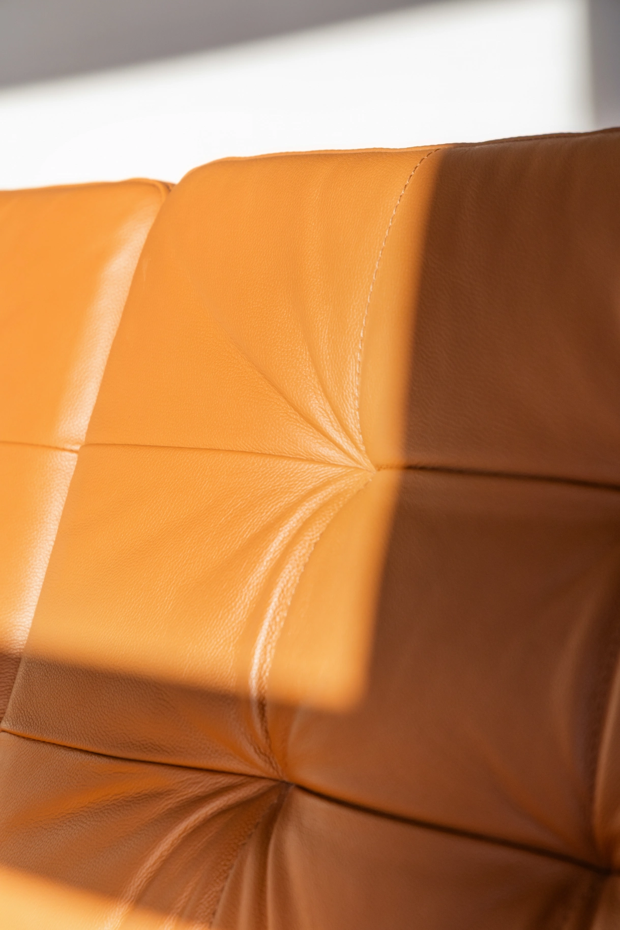 Sunlight on textured orange leather sofa