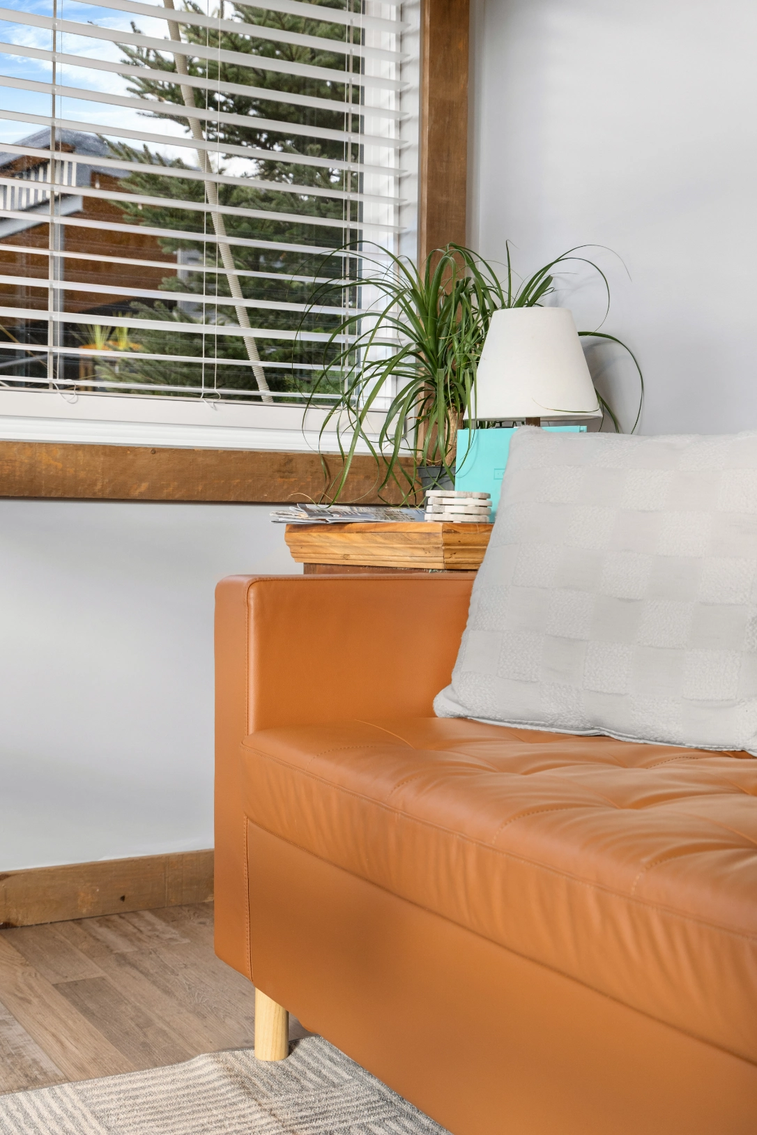 Modern interior with brown couch and window view