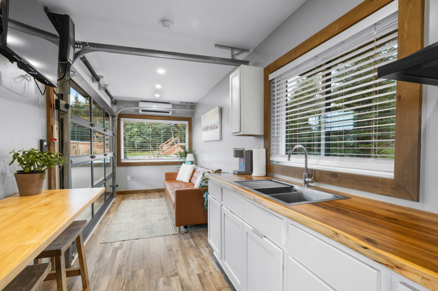 Interior of small home with roll-up door