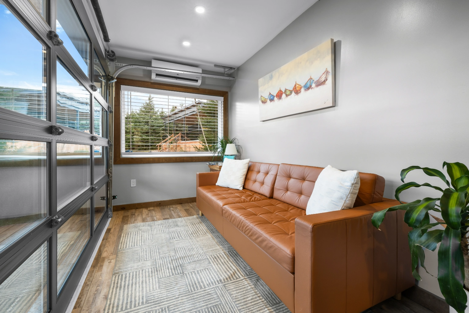 Modern living room with leather couch