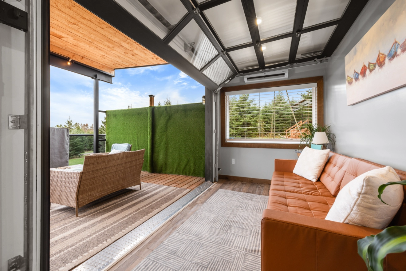 Contemporary room with garage door opening