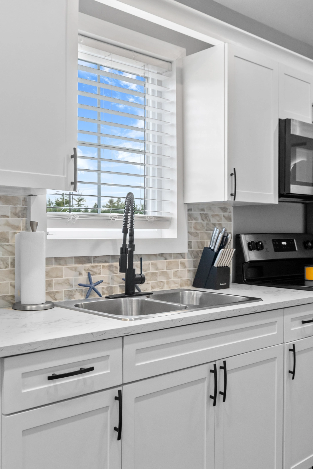 Contemporary kitchen with double sink and window