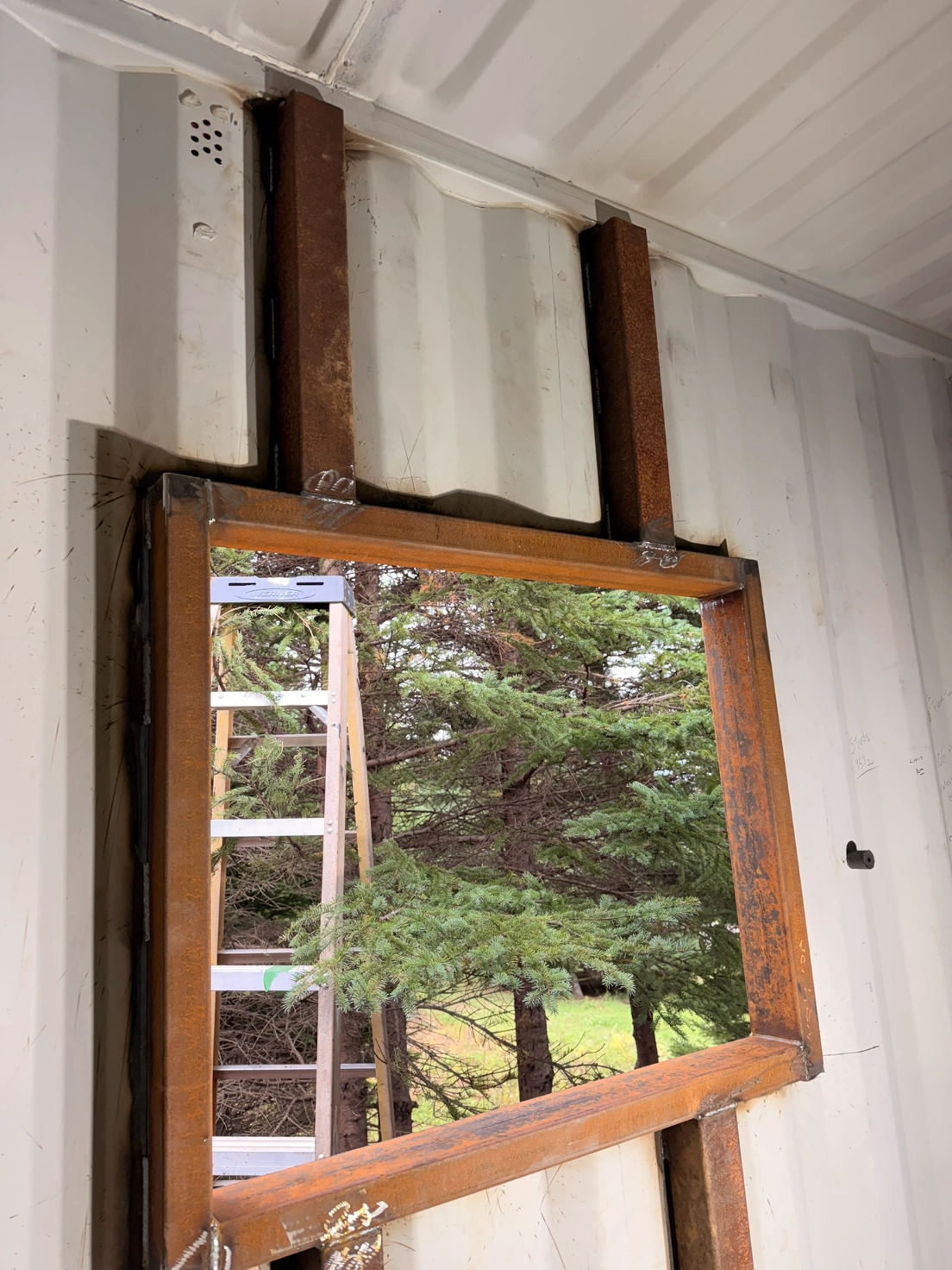 Container window frame, outdoor view