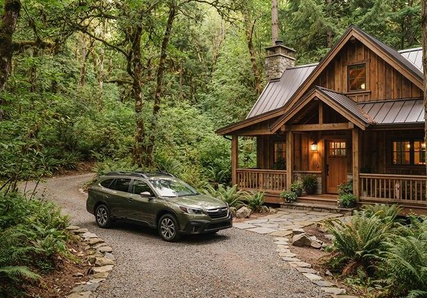 Subaru Outback at a rustic cabin