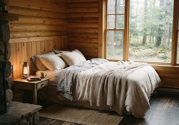 Rustic bedroom interior with comfortable bed