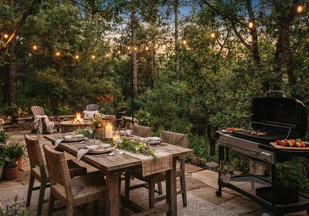 Evening outdoor entertaining with grill and fire pit